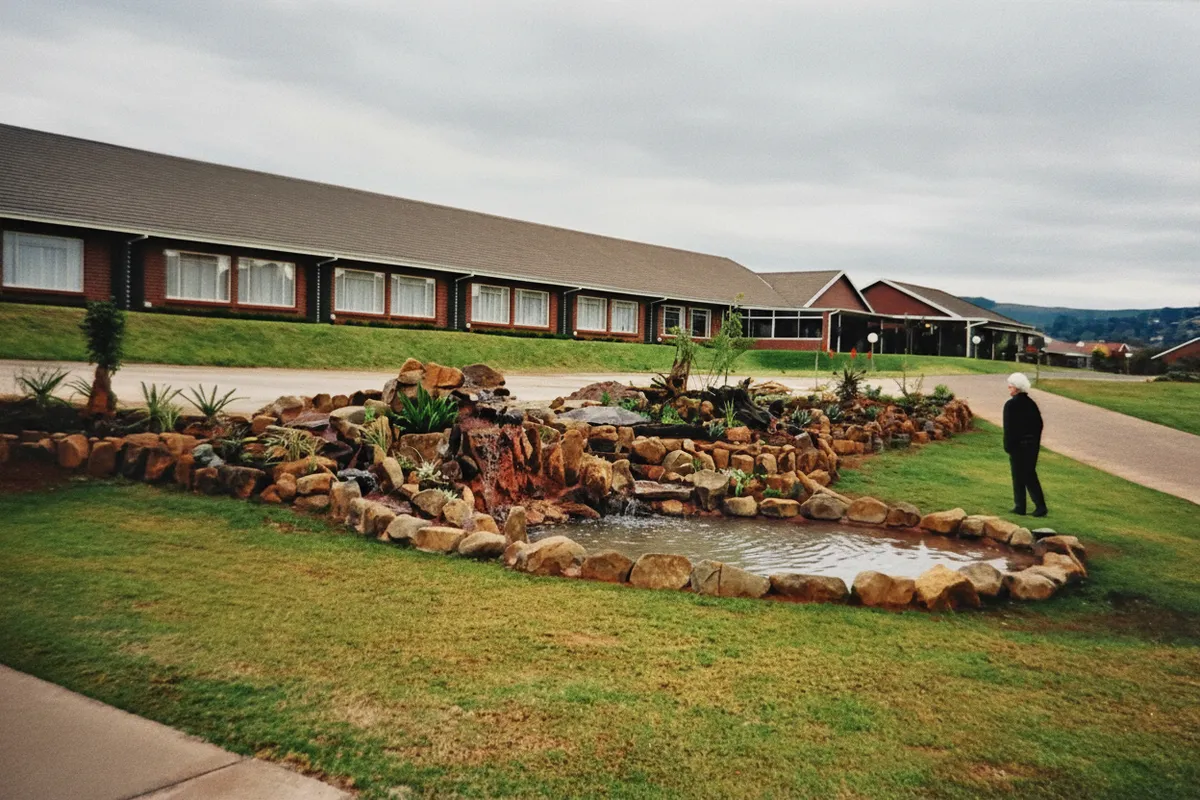 A large, multi-tiered natural rock waterfall feature with a cascading stream flowing into a rocky pond.